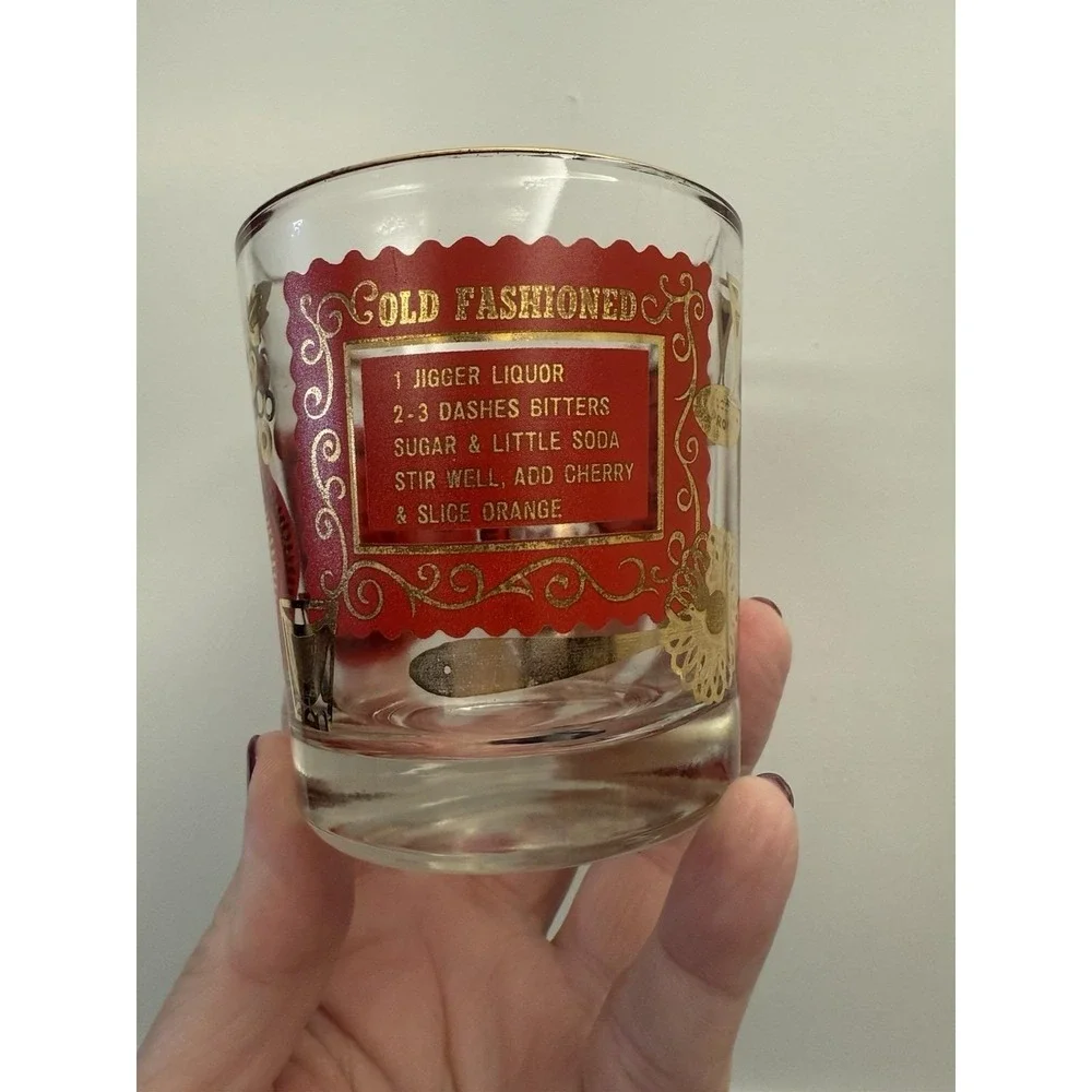 8 VTG Mid Century Modern Red Gold Whiskey Sour Old‎ Fashioned Bourbon Glasses